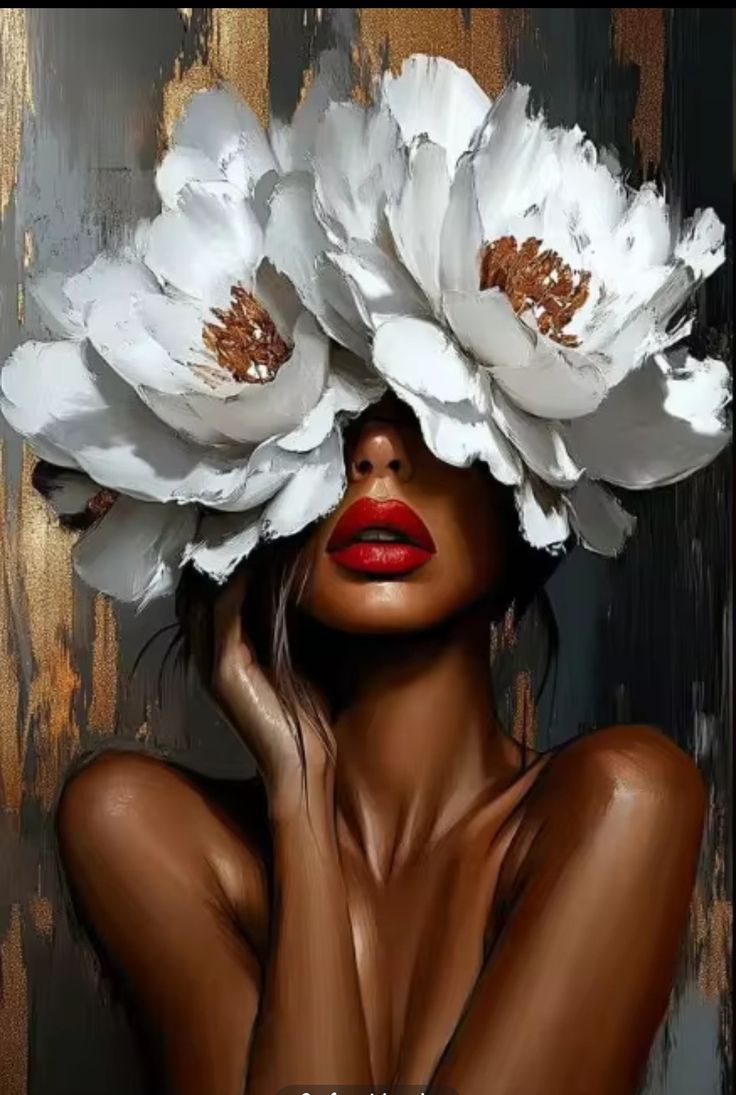 Tablou decorativ Muza cu bujori albi - portret femeie cu flori albe si buze rosii