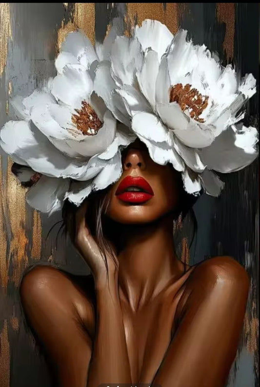 Tablou decorativ Muza cu bujori albi - portret femeie cu flori albe si buze rosii
