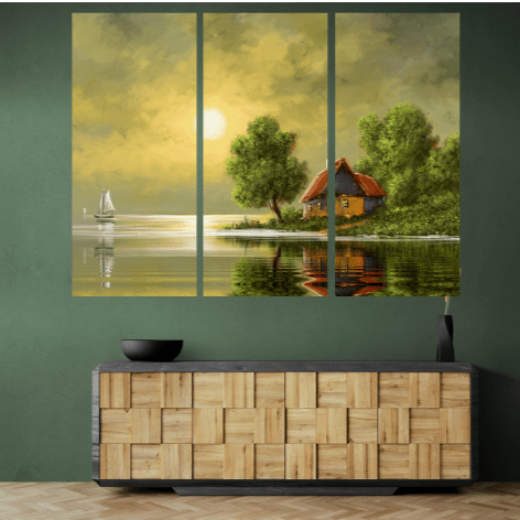 Set 3 Tablouri canvas tip puzzle - Casa pe mal - Zibo.ro