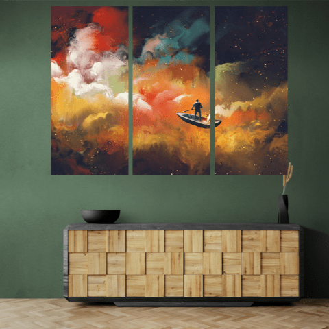 Set 3 Tablouri canvas tip puzzle - Cu barca pe oceanul Universului - Zibo.ro