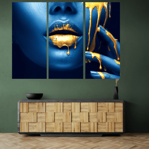 Set 3 Tablouri canvas tip puzzle - Fata pictata pe albastru - Zibo.ro