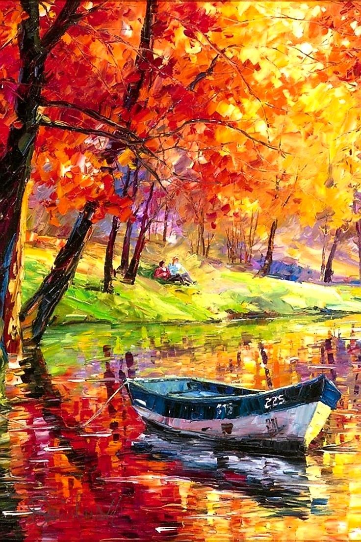 Tablou barcă pe râul de toamnă pictură impresionistă