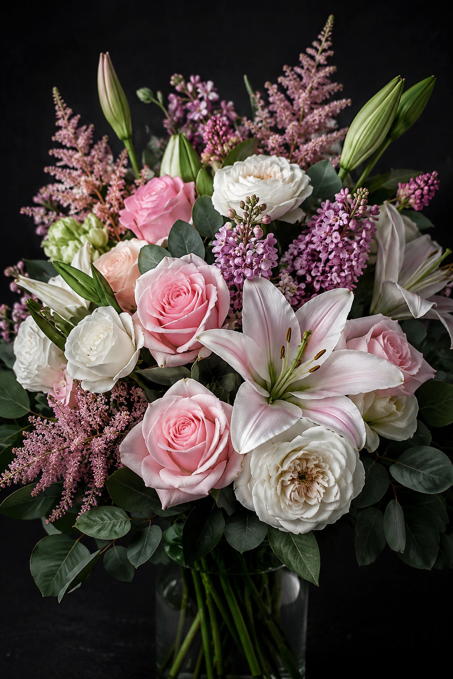 Tablou decorativ cu buchet de trandafiri roz crini si liliac mov