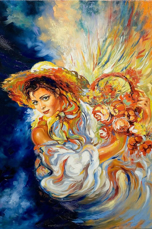 Tablou pe sticla in relief - Femeia cu un buchet de flori in brate