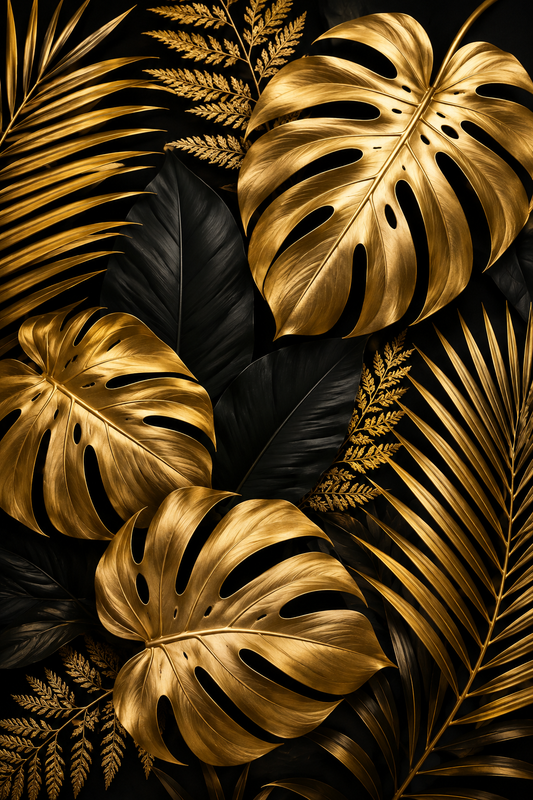 Tablou decorativ Frunze Gold and Black, frunze aurii pe fundal negru