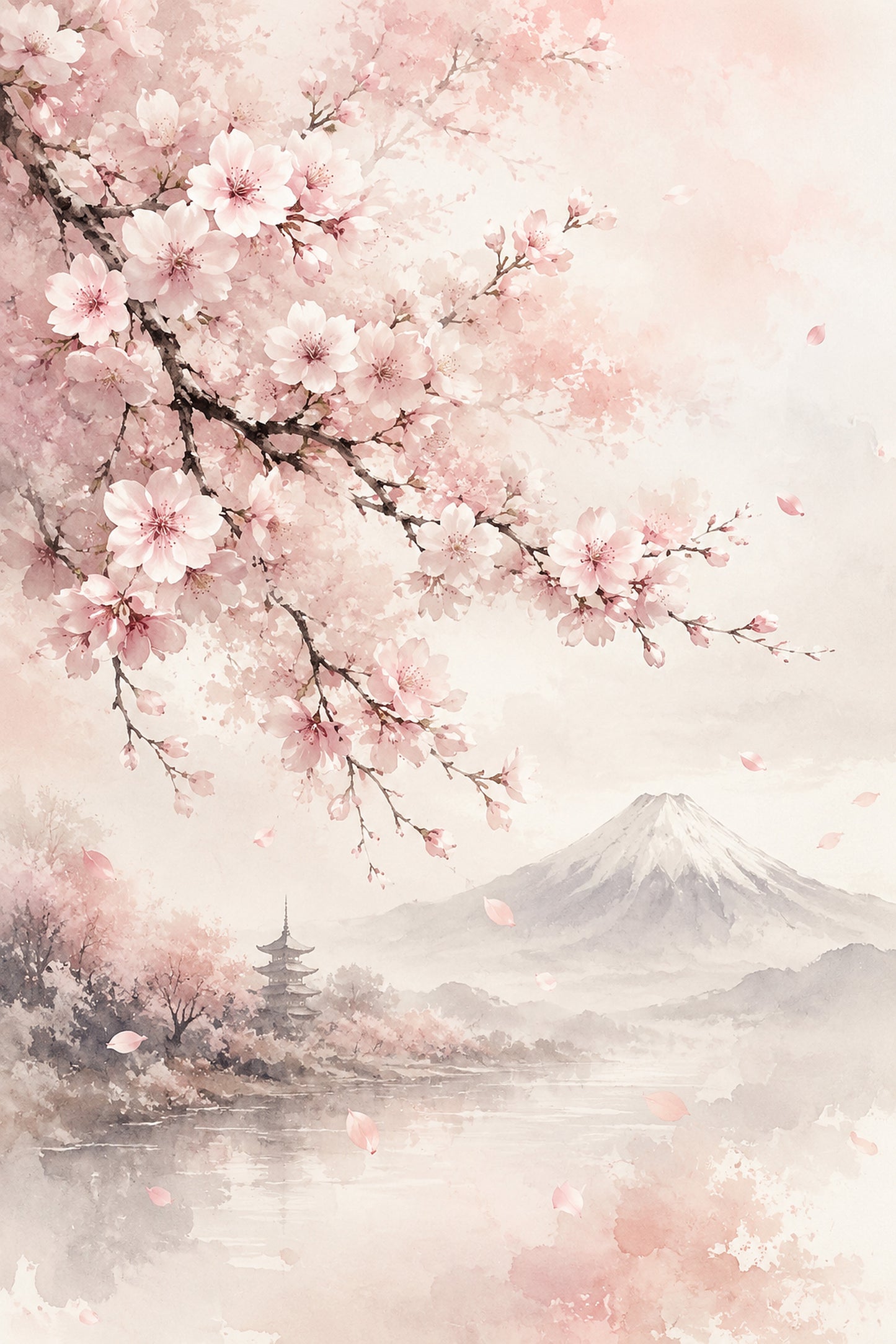 Tablou decorativ cu cires japonez in floare langa lac si munte