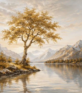 Tablou decorativ Copac Auriu langa Lac