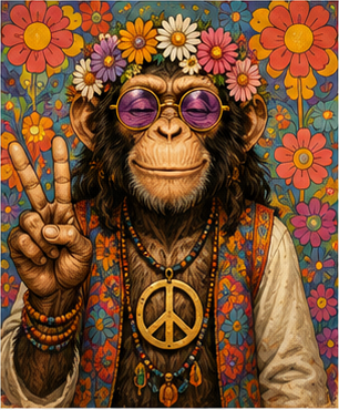 Tablou decorativ Flower Power, maimuta hippie cu flori si semnul pacii