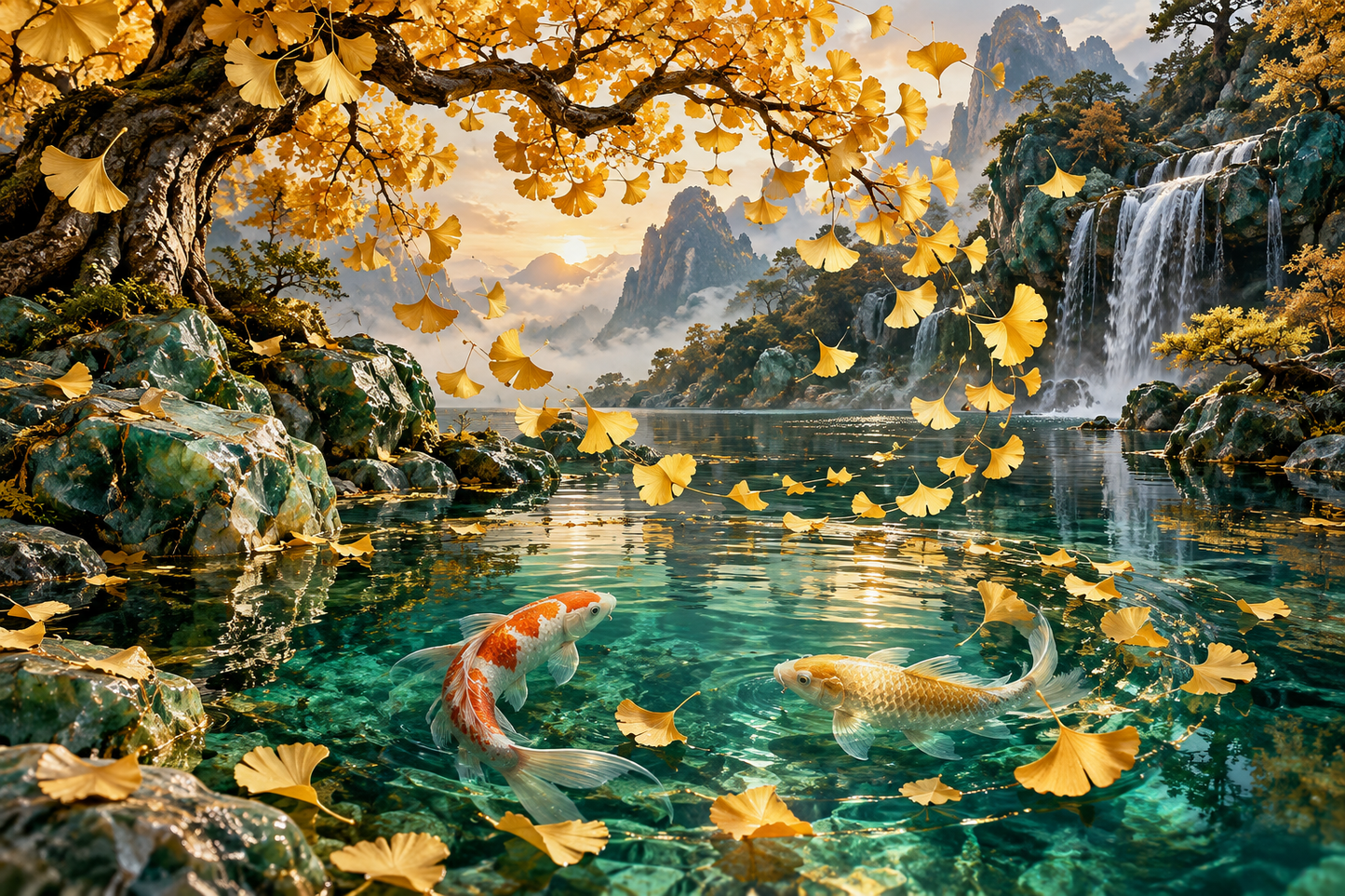 Tablou decorativ - Frunze de Ginkgo peste Koi