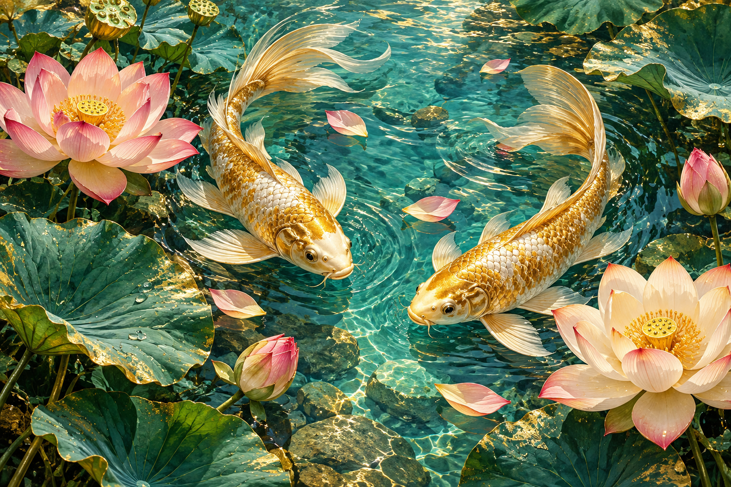 Tablou decorativ - Koi Aurii printre Lotusi Roz