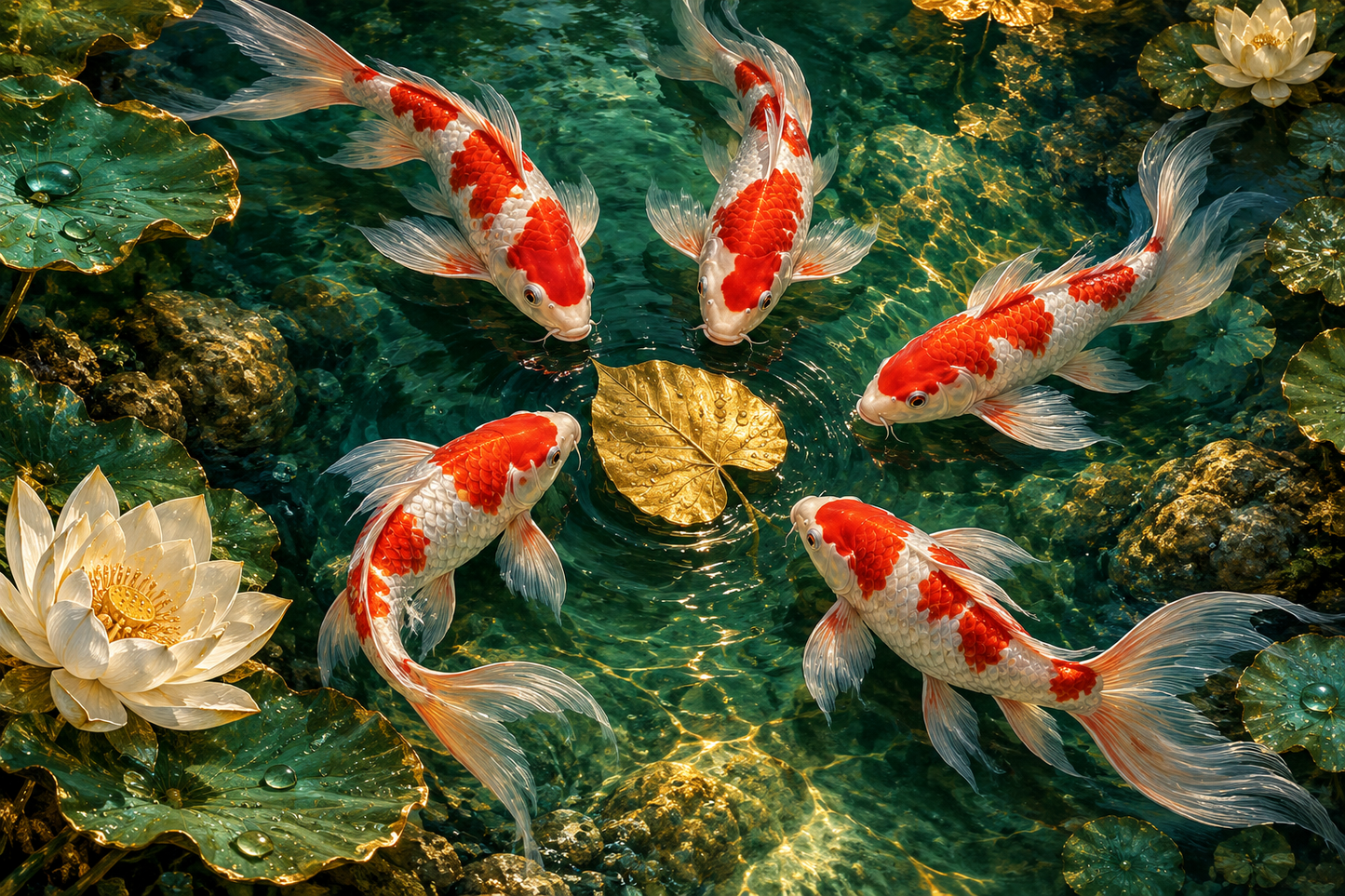 Tablou decorativ - Koi Kohaku printre Lotusi