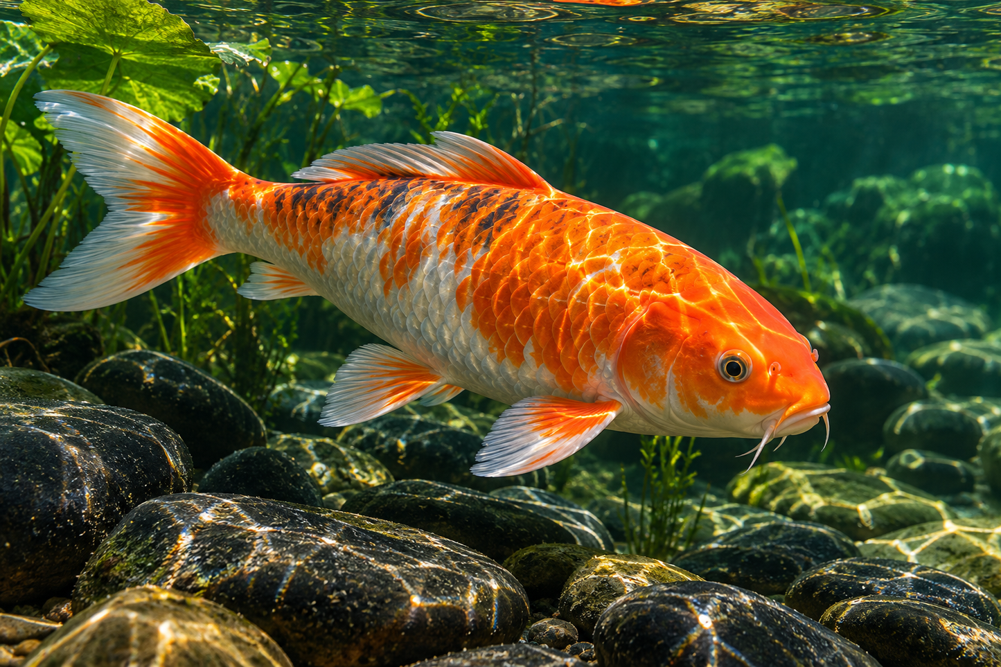 Tablou decorativ - Koi Portocaliu printre Pietre Negre