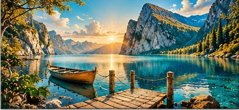 Tablou decorativ - Lac montan cu barca la debarcader