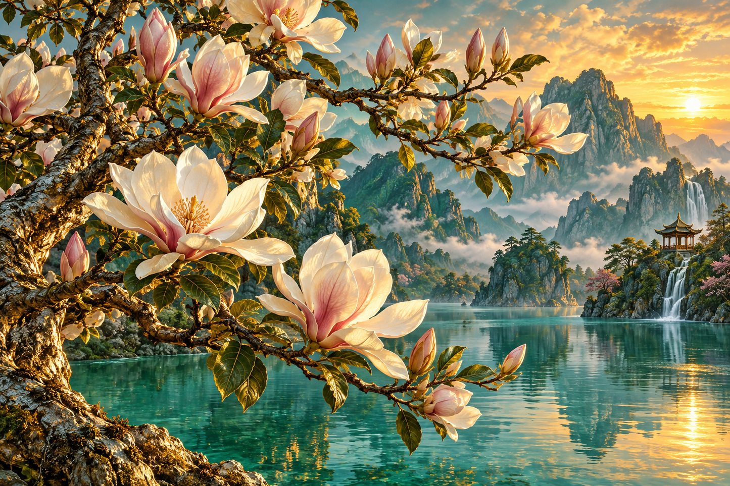 Tablou decorativ - Magnolii Roz pe Lac