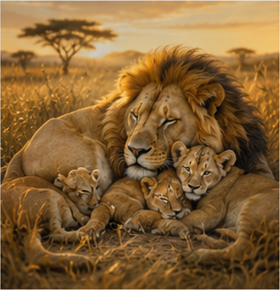 Tablou decorativ Odihna Familiei, familie de lei odihnindu-se in savana