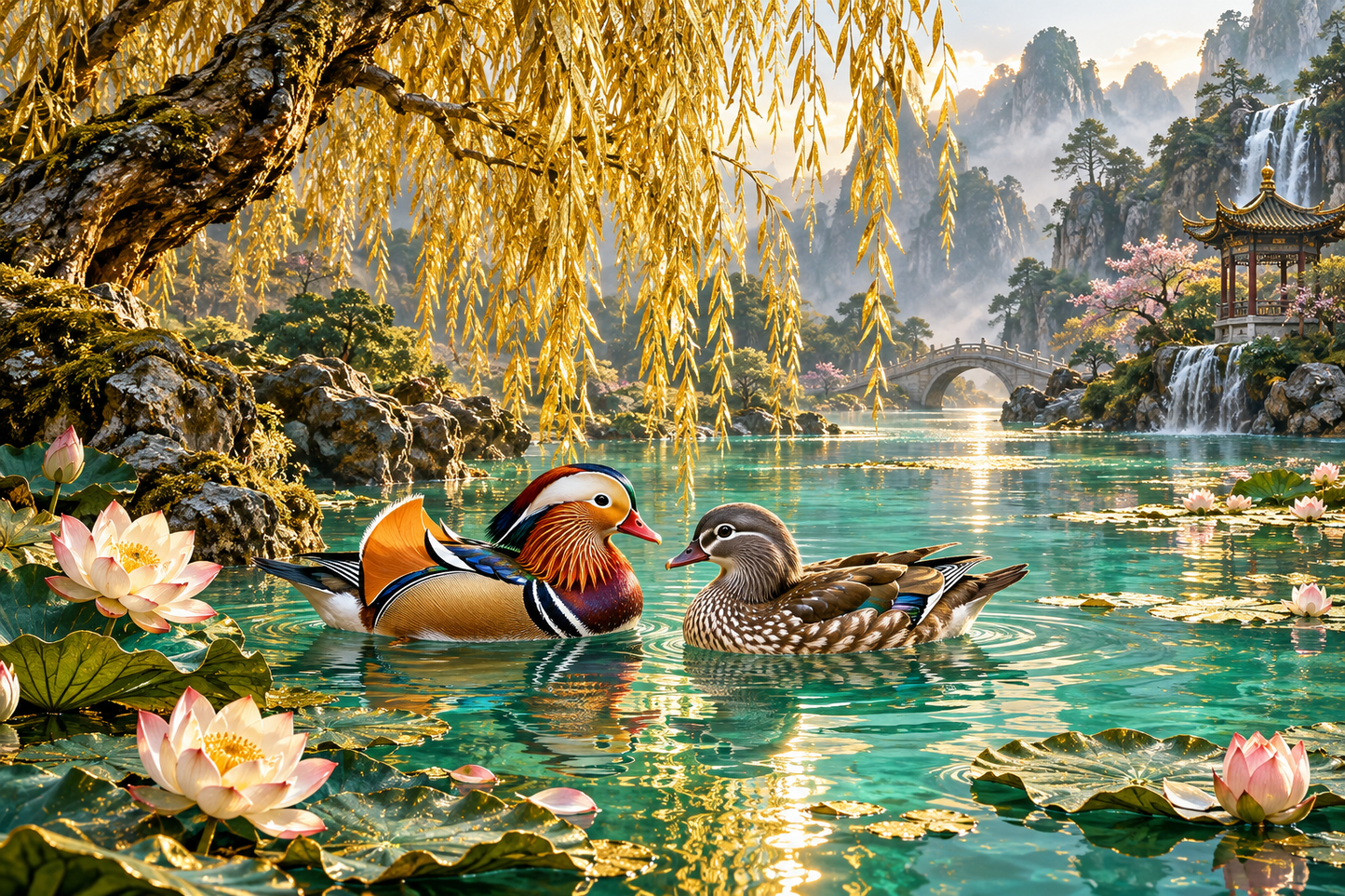 Tablou decorativ - Ratele Mandarin sub Salcie