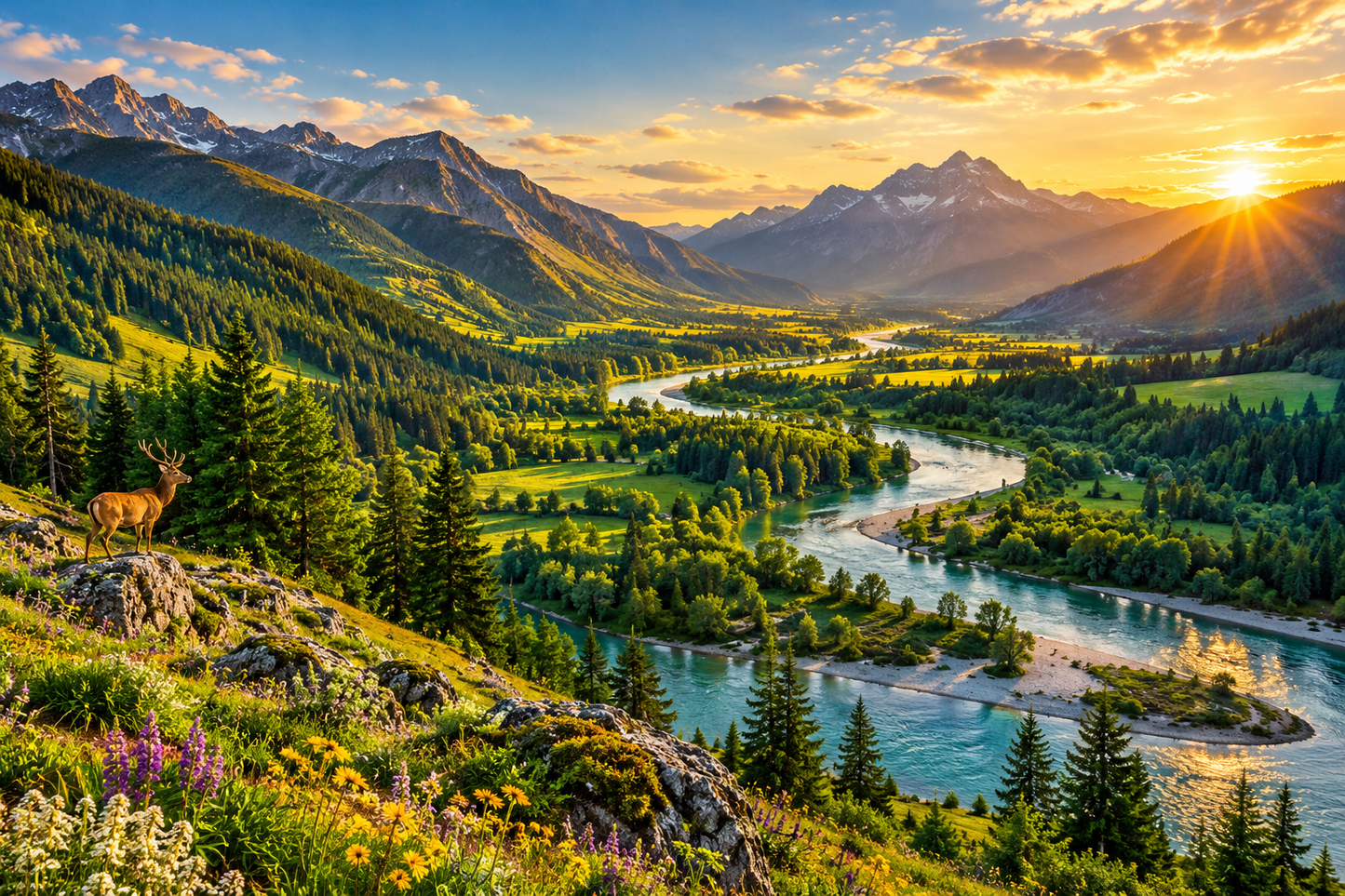 Tablou decorativ - Valea cu Rau si Cerb la Apus