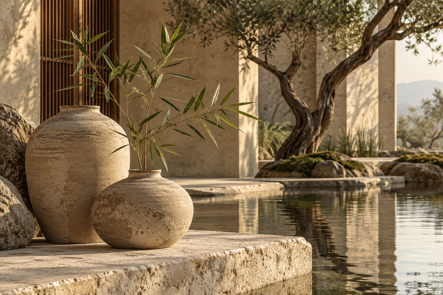 Tablou decorativ - Vase de Lut si Bambus langa Iaz