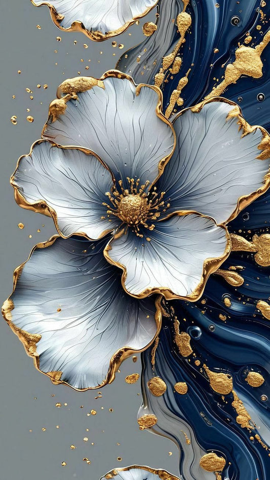 Tablou floare alb-albastră cu contur auriu, fluid art