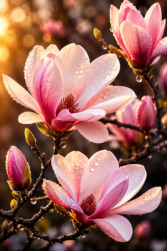 Tablou decorativ cu magnolii roz in lumina de dimineata