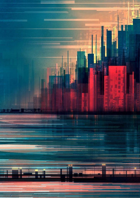Orașul abstract în teal și roșu