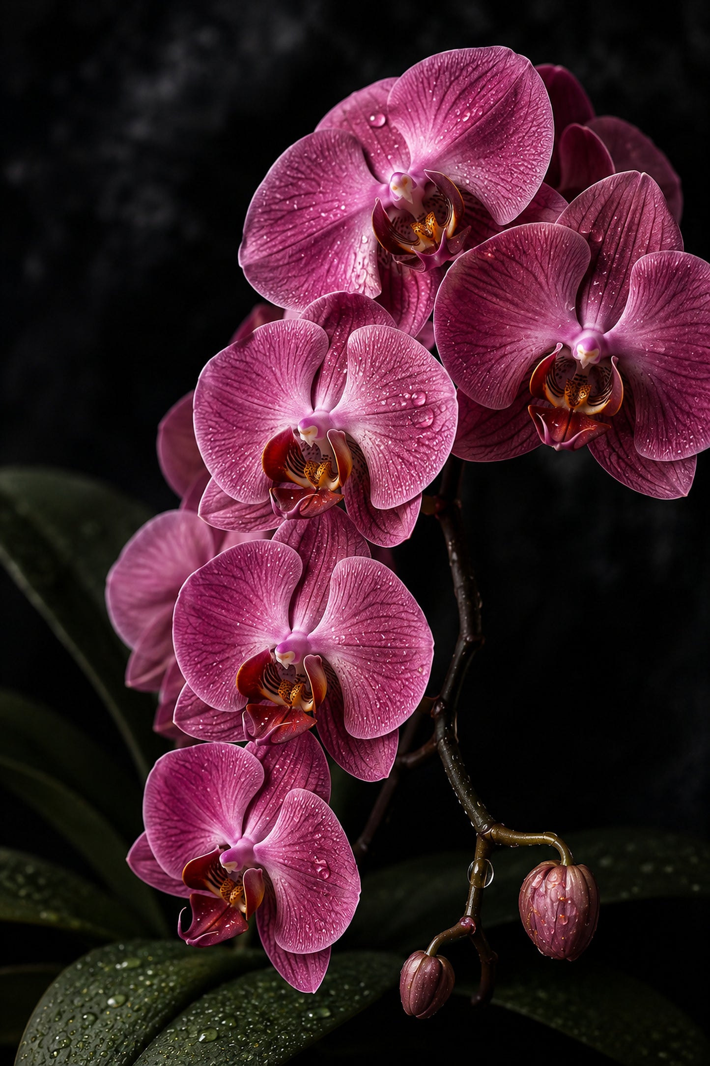 Tablou decorativ cu orhidee magenta cu nervuri si roua