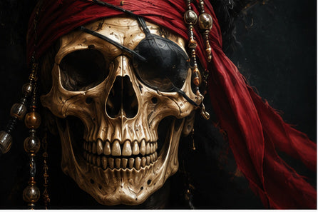 Tablou decorativ cu craniu de pirat cu bandana rosie si ochelar