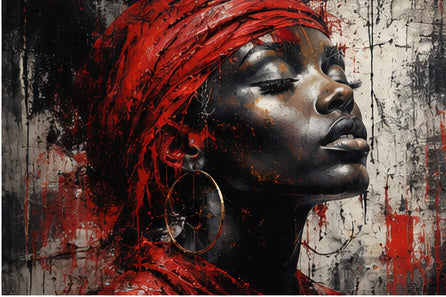 Tablou decorativ cu portret pictat cu turban rosu si vopsea scursa