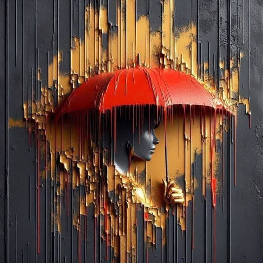 Tablou umbrelă roșie cu siluetă de femeie, artă abstractă