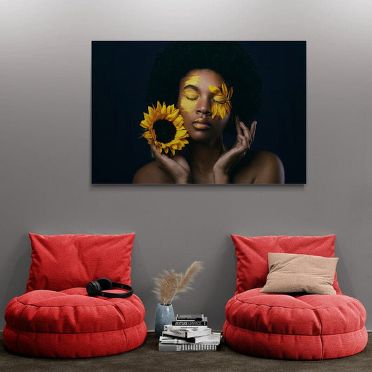 Tablou Canvas - Femeie Africana cu Floarea Soarelui