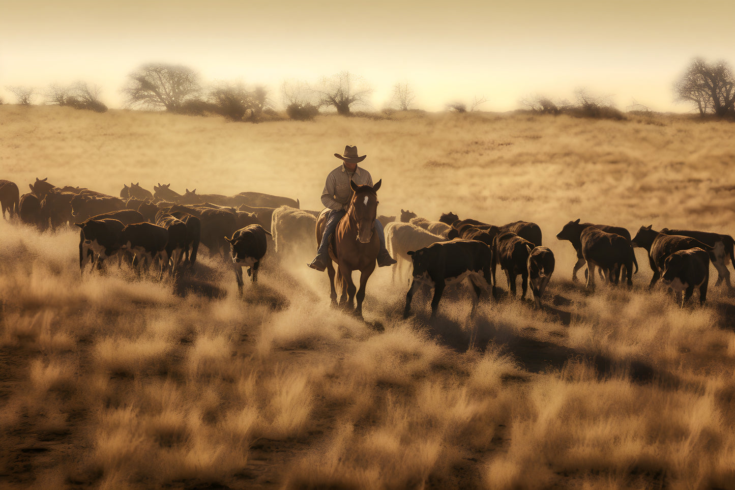 Tablou decorativ cowboy cu cireada scena sepia