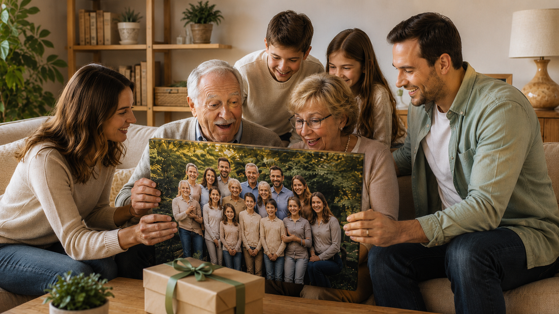 Bunici care primesc un tablou personalizat cu fotografia familiei, într-un living luminos