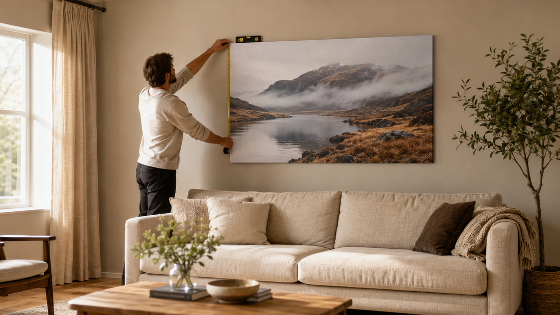 montarea corectă a unui tablou canvas Zibo.ro pe peretele unui living modern