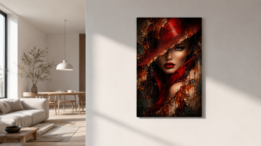 Tablou decorativ pe aluminiu lucios cu finisaj metalic strălucitor afișat pe perete modern alb — Zibo.ro