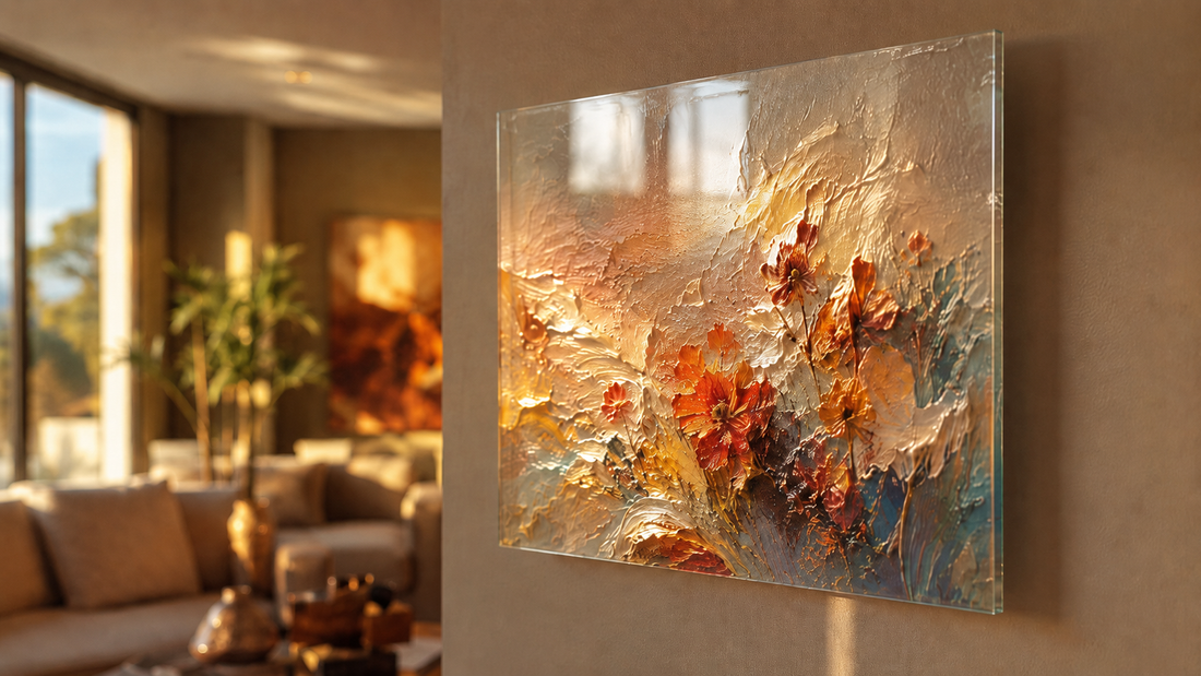 Tablou decorativ pe sticlă cu print în relief afișat pe perete elegant, lumina laterală scoțând în evidență efectul 3D și profunzimea — Zibo.ro 