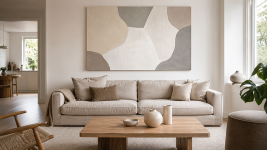 living scandinav luminos decorat cu tablou abstract Zibo.ro în tonuri bej și alb