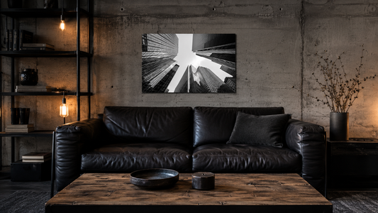  living în stil industrial decorat cu tablou pe aluminiu lucios Zibo.ro 
