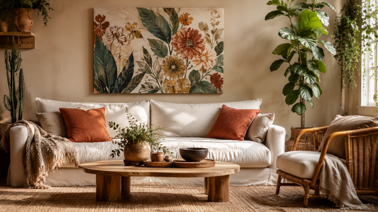 living boho cald decorat cu tablou floral Zibo.ro și plante naturale