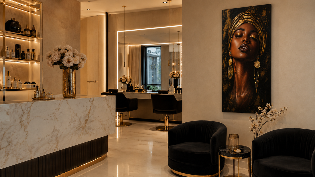 salon de înfrumusețare elegant decorat cu tablou Black &amp; Gold Zibo.ro pe sticlă cu print în relief