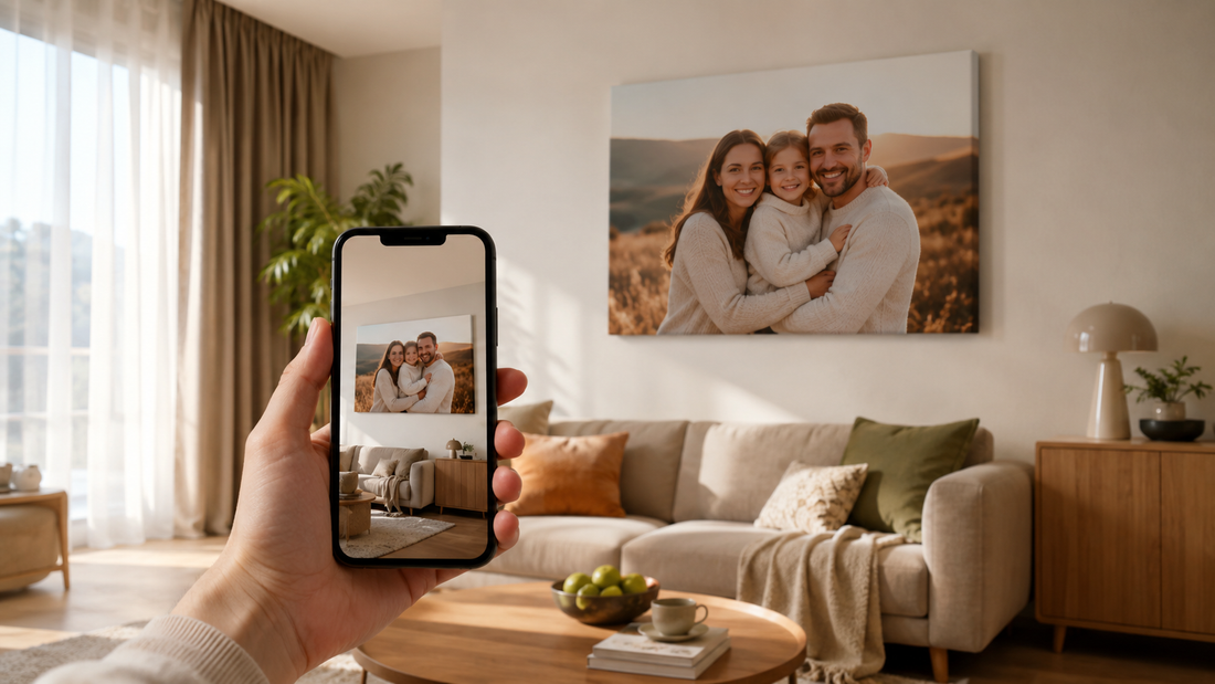 Tablou personalizat Zibo cu fotografie de familie într-un living modern, previzualizat pe perete cu telefonul