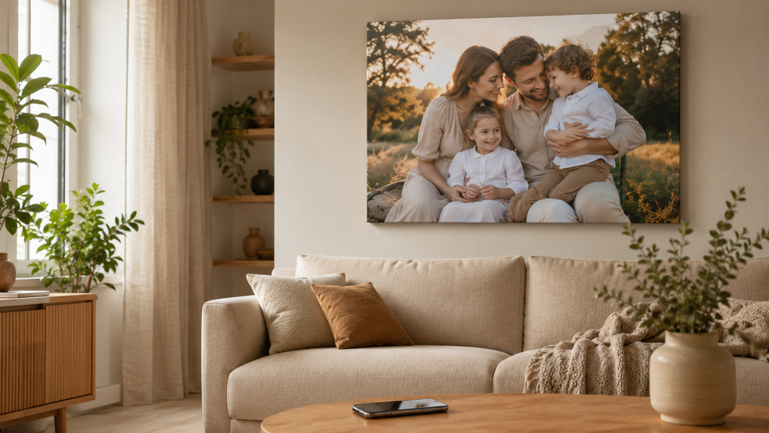 Tablou personalizat cu fotografie de familie montat pe perete într-un living modern