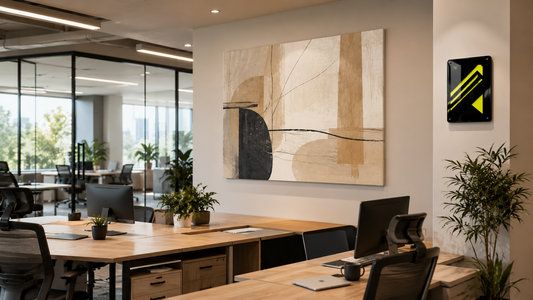  birou corporativ modern decorat cu tablouri Zibo.ro și indicator office fluorescent pe aluminiu 