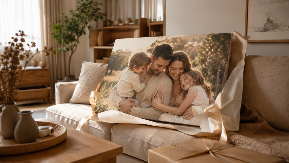 Tablou personalizat oferit cadou într-un living modern, cu fotografie de familie pe canvas
