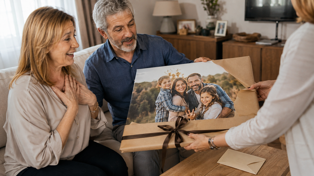 Tablou personalizat oferit cadou în locul unui plic cu bani, într-un living modern