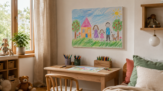 Desenul unui copil transformat într-un tablou canvas personalizat pentru camera copilului