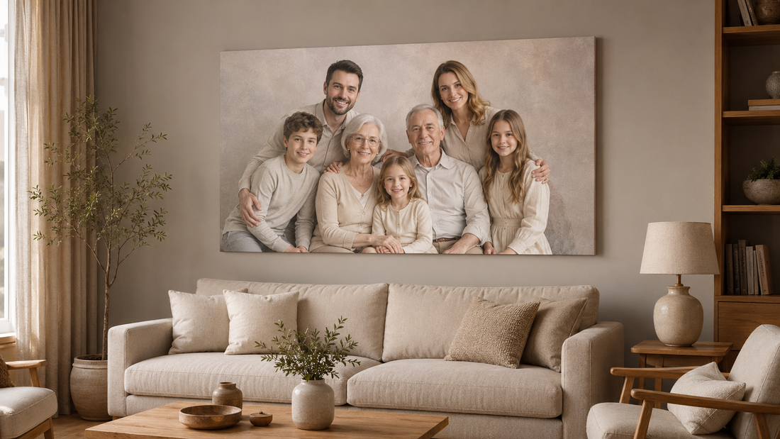 Portret de familie imprimat pe tablou canvas într-un living modern