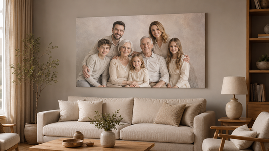 Portret de familie imprimat pe tablou canvas într-un living modern