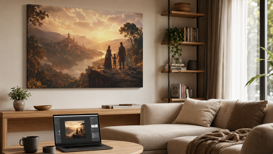  Tablou personalizat cu imagine creată cu AI într-un living modern, produs pe canvas 