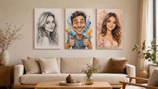 Caricatură personalizată de familie imprimată pe tablou canvas, în stil color elegant