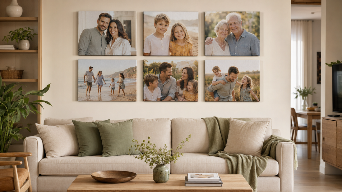 Album de familie format din 6 tablouri canvas personalizate, montate ca galerie pe peretele unui living modern